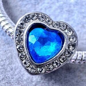Blue Sparkling Heart European Charm Bead fits PANDORA
